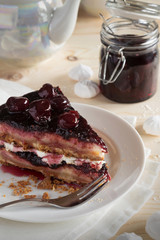 Piece of cherry cake on a white plate