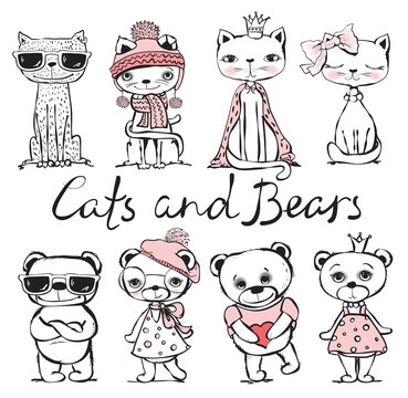 Cute hand drawn cats and bears