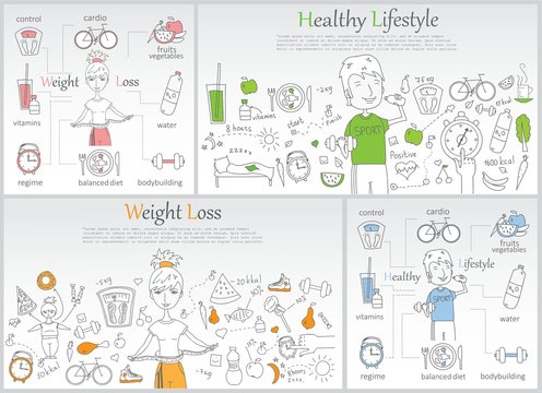 Doodle line banners of Healthy lifestyle and Weight loss. 