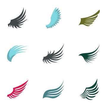 Wings of bird icons set. Flat illustration of 9 wings of bird vector icons for web