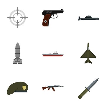 Weapons icons set. Flat illustration of 9 weapons vector icons for web