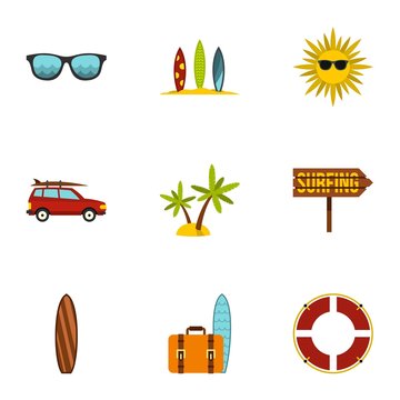 Surfing club icons set. Flat illustration of 9 surfing club vector icons for web