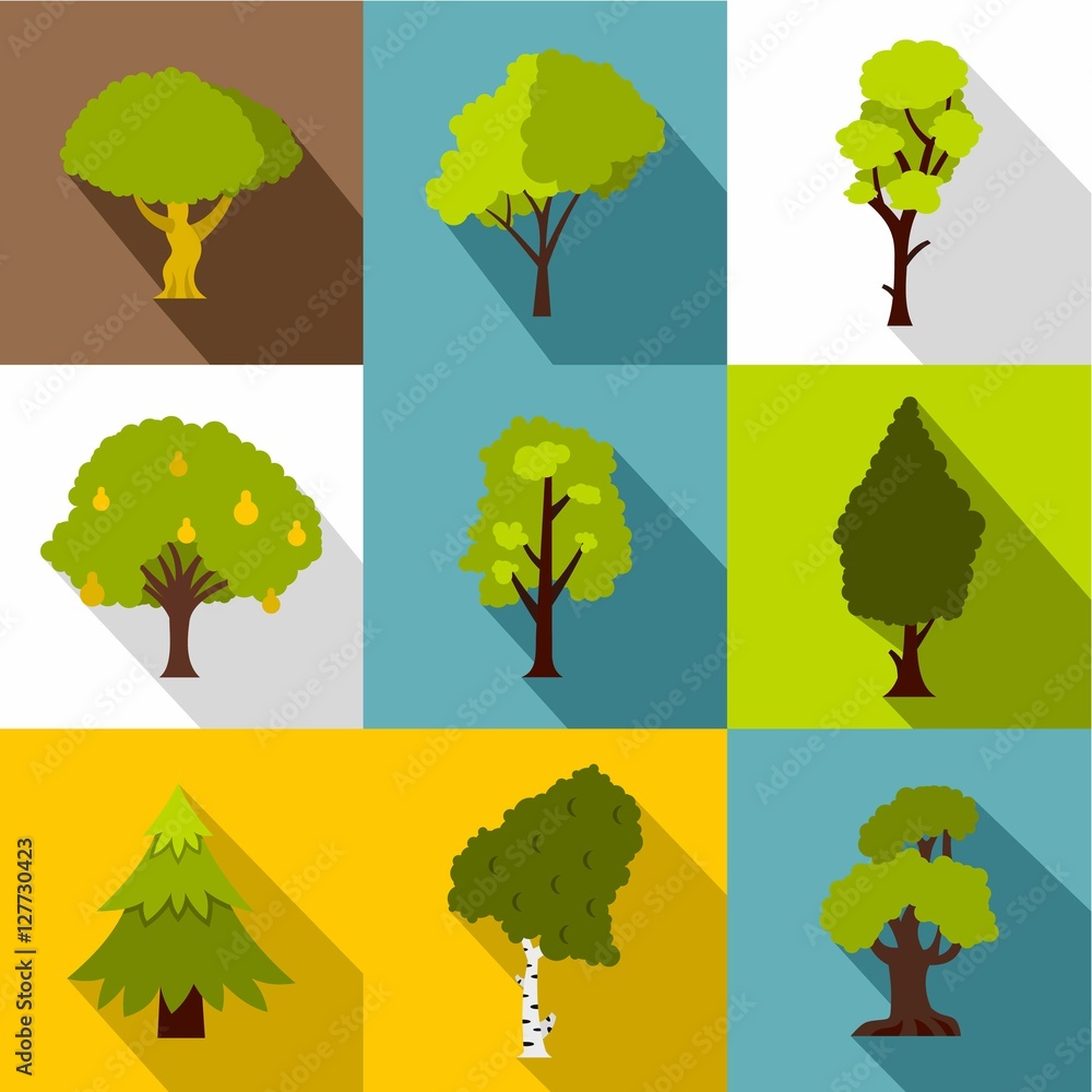 Aufkleber kind of trees icons set. flat illustration of 9 kind of trees vector icons for web
