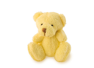 Teddy bear soft toy sitting on white background.