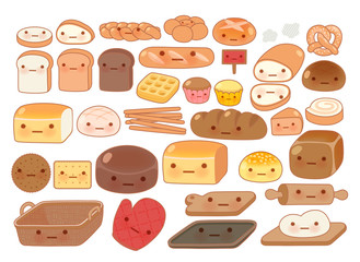 Collection of lovely baby bakery food doodle icon, cute white br