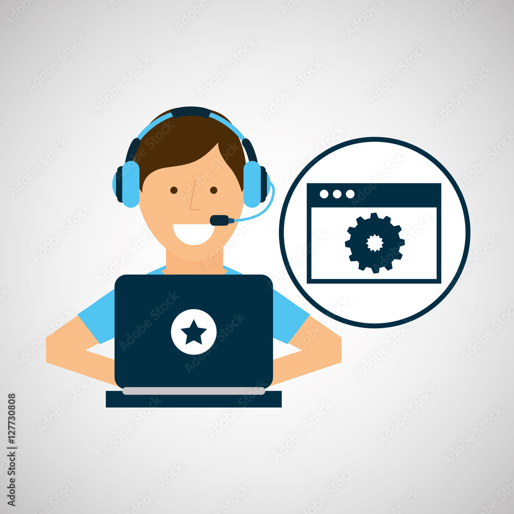 Aufkleber character headset laptop programming web page tool vector illustration eps 10