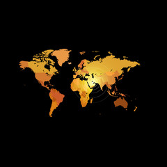 Obraz na płótnie Canvas Orange color world map on black background. Globe design backdrop. Cartography element wallpaper. Geographic locations image. Continents vector illustration.