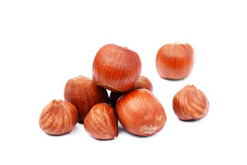 Group hazelnuts isolated on white background