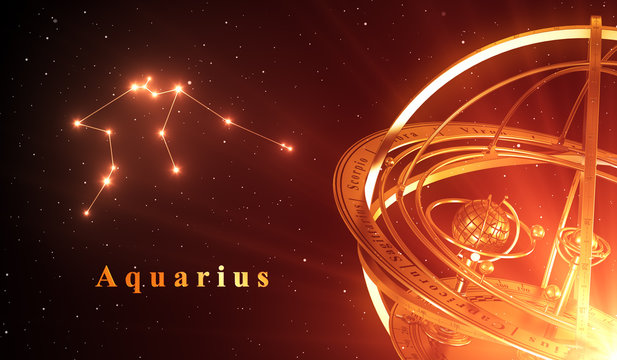 Zodiac Constellation Aquarius And Armillary Sphere Over Red Background