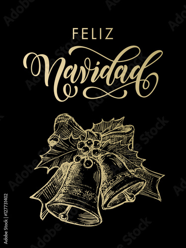 &quot;Feliz Navidad spanish greeting Merry Christmas gold bells ornament