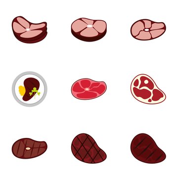 Steak icons set. Flat illustration of 9 steak vector icons for web