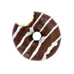 Bitten chocolate donut isolated on white background.