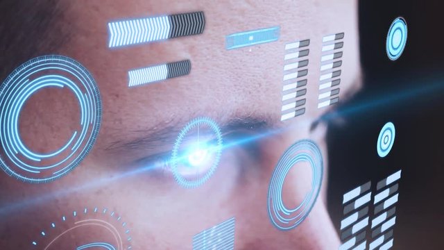 Digital animation of Eye looking at futuristic interface showing elements