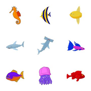 Marine fish icons set. Cartoon illustration of 9 marine fish vector icons for web