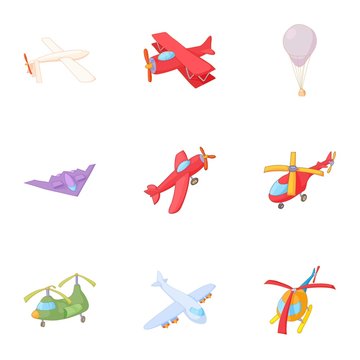 Flying machine icons set. Cartoon illustration of 9 flying machine vector icons for web