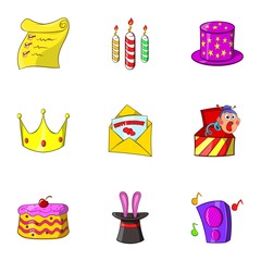 Birthday party icons set. Cartoon illustration of 9 birthday party vector icons for web