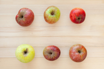 six colorful organic apples on a wooden background