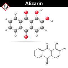 Structural chemical formula and model of alizarin dye