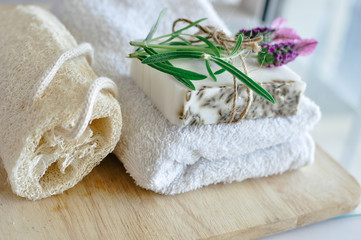 Fototapeta na wymiar Spa still life ,Spa soap on a white towel.