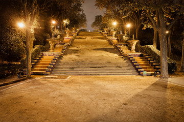 Stairs to Montjuic Hill at Night in Barcelona