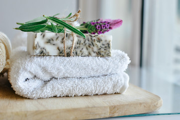 Fototapeta na wymiar Spa still life ,Spa soap on a white towel.