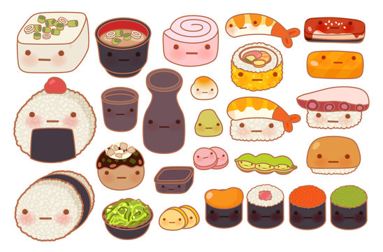 Collection of lovely baby japanese oriental food doodle icon, cu