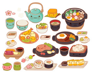 Collection of lovely baby japanese food doodle icon, cute tempur