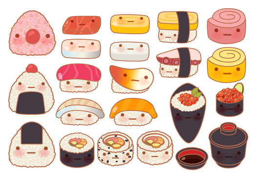 Collection set of lovely baby japanese food doodle icon, cute su