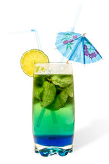 dual-layer cocktail with mint and lime in a tall glass two straws umbrella. Isolation, white bakground, clipping mask