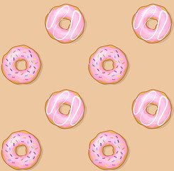 Seamless pattern. Donut with glazed sprinkles and frosting cream isolated on white background. Sweet tasty icing sugar doughnut. Donuts bakery cake vector icon illustration