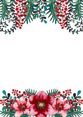 Frame with Watercolor Bright Red Flowers, Berries and Deep Green Leaves