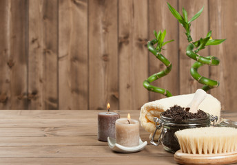 Handmade Coffee Scrub With Argan Oil. Burning Candles. Decorativ