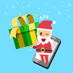 Santa claus carrying gift box with smartphone