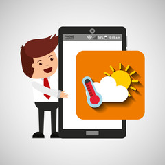 character with mobile app weather forecast vector illustration eps 10