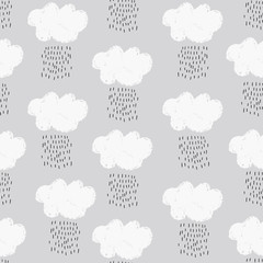 Hand drawn seamless pattern with rainy clouds in white and black on gray background.