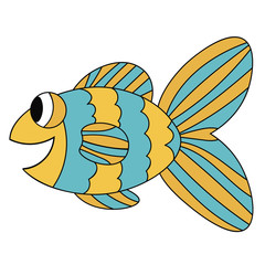 Blue and yellow colorful cute smiling cartoon fish. Hand drawn thin line tropical aquarium animal. Icon isolated on white background.