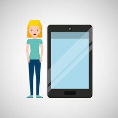 cartoon girl and smart phone touchscreen vector illustration eps 10
