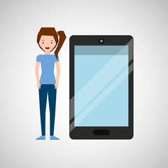 cartoon girl and smart phone touchscreen vector illustration eps 10
