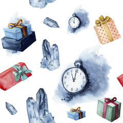 Watercolor seamless pattern with crystal of ice, vintage clock and gift boxes. Watercolor blue gem and pocket watch isolated on white background. Hand painted design elements. 