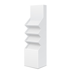 Two Side White POS POI Cardboard Floor Display Rack For Supermarket Blank Empty Displays With Shelves Products On White Background Isolated. Ready For Your Design. Product Packing. Vector EPS10