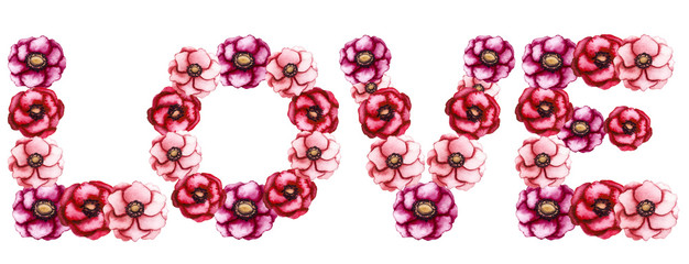 Watercolor Floral Word Love with Red Flowers