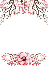 Watercolor Frame with Red Flower, Berries and Tree Branches