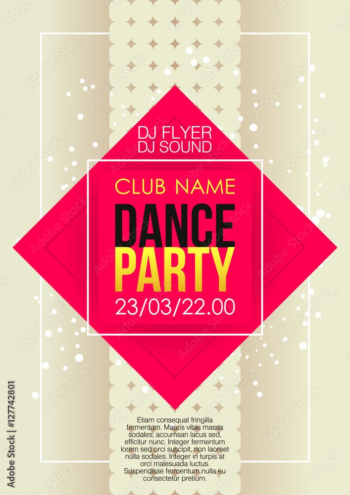 Poster vertical music party background with red graphic elements and text.