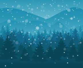 winter night forest. falling snow in the air. christmas theme. new year weather