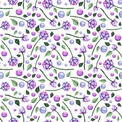 Watercolor Light Pink and Blue Pearl, Flowers and Little Green Leaves Seamless Pattern