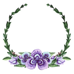 Fototapeta premium Bright Wreath with Watercolor Arrows, Violet Flowers and Green Leaves