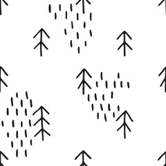 Scandinavian pattern with fir trees. Seamless winter patterns, hand drawn in black ink. Perfect for gift wrapping or printing on fabric. Seamless minimal christmas pattern.