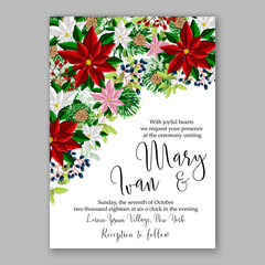 Poinsettia Wedding Invitation sample card beautiful winter floral ornament Christmas party invitation with poinsettia, fir, pine branches, red holly berries, mistletoe