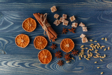 Traditional Xmas frame with spices and assorted nuts decorated w