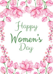 Greeting Card with Watercolor Pink Flowers and Words Happy Womens Day